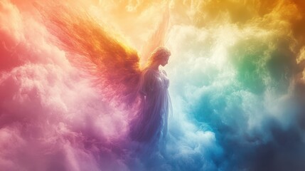Beautiful Rainbow Colored Angel Spirit Guide, AI Generated Image of an Angel in the Clouds
