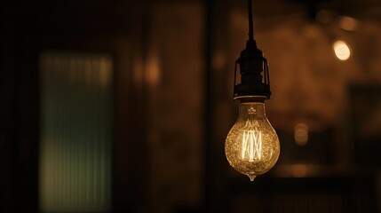 Obraz premium Dark empty room with single flickering light bulb casting long shadows, emphasizing absence of power and eerie atmosphere, minimalist setting with focus on light bulb's glow.