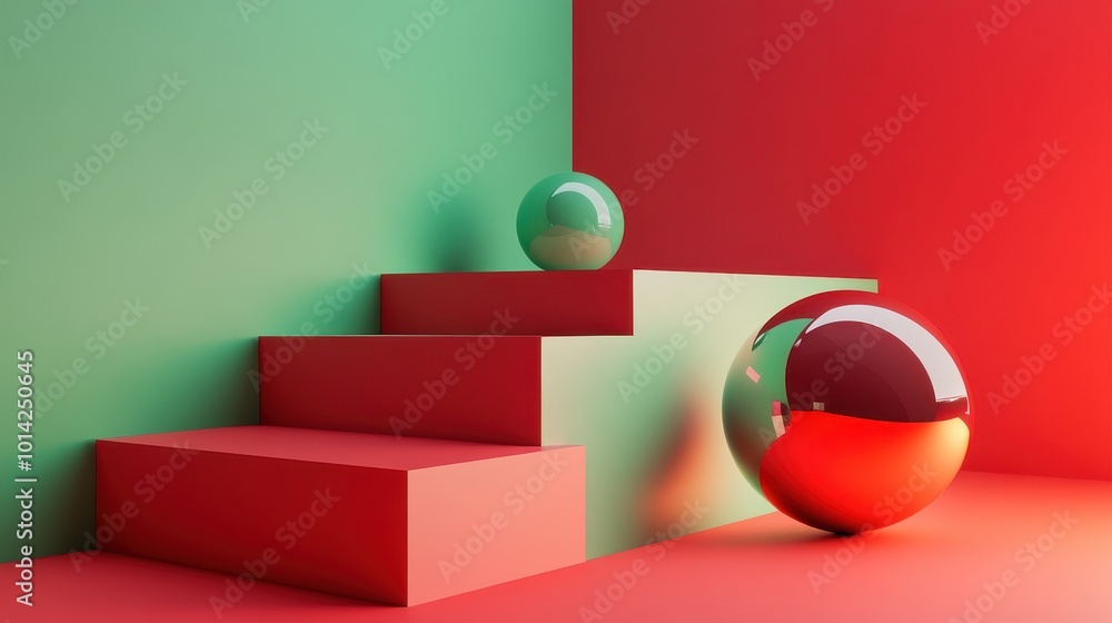 Poster generative ai illustration of colorful geometric shapes of smooth and shiny spheres on steps of squa