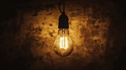 Dark empty room with single flickering light bulb casting long shadows, emphasizing absence of power and eerie atmosphere, minimalist setting with focus on light bulb's glow.