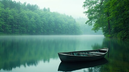 Rowing Boat on a Lake, Surrounded by Green Trees. Beautiful Peaceful Scene. Mindfulness / Solitude Concept.