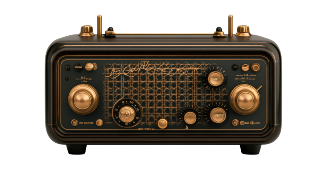 Vintage-style radio with retro design, golden knobs, and dials, exuding classic charm and timeless elegance. Ideal for enthusiasts looking for a nostalgic audio device.