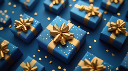 Obraz premium Generative AI illustration of blue gifts with golden bows and ribbons placed on blue background