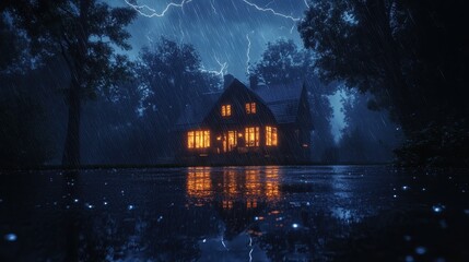 Dramatic lightning storm over house with glowing windows and reflection in puddles during rainy night Generative AI