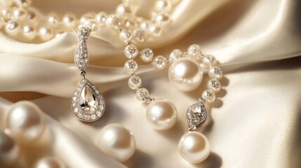 Elegant Jewelry with Pearls and Diamonds on Silk