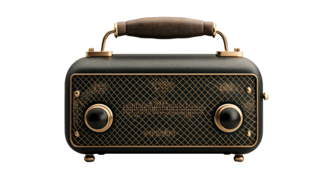 A vintage portable radio with a leather handle, gold accents, and dual control knobs, showcasing a classic and elegant design.