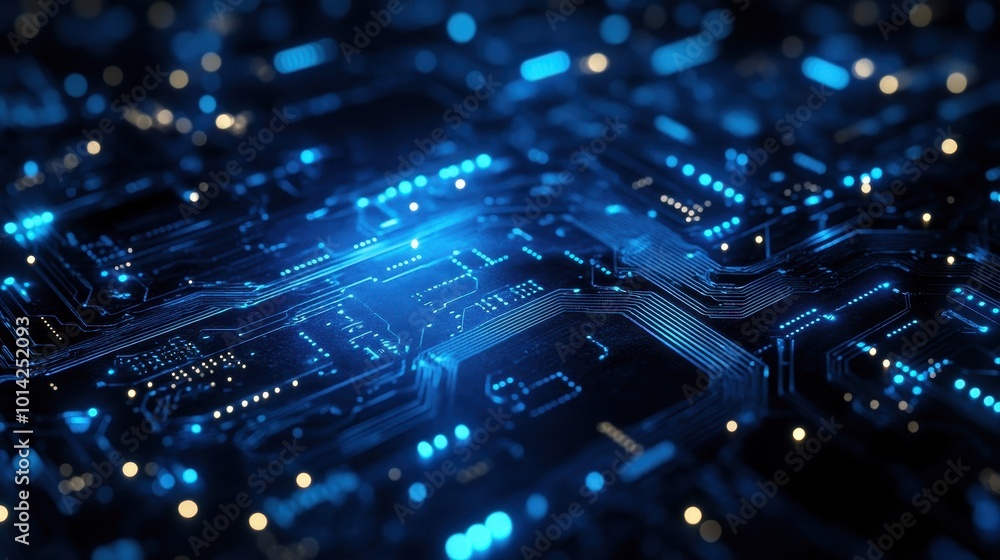 Poster blue circuit board background with bokeh lights. digital concept banner on dark background with mode