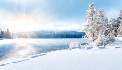 Obraz premium Winter dawn breaking over a frozen lake, casting golden light on the snow-covered shore. Made with Generative AI Technology