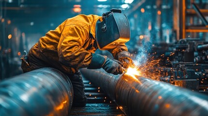 Skilled welder working on industrial steel pipe Generative AI image