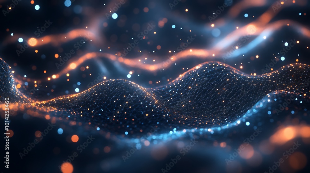 Poster abstract digital wave with glowing particles and bokeh lights.