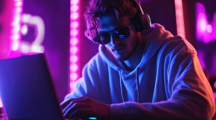 Young man wearing headphones works on a laptop in neon-lit room