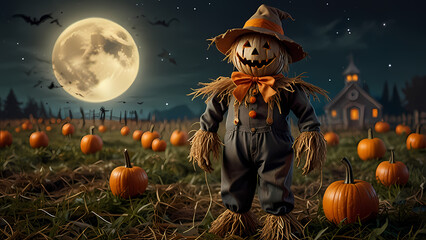 Fototapeta premium a scarecrow with a pumpkin head, dressed in tattered, spooky clothing, standing in a field at night