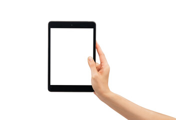 Hand holding the black digital tablet with mockup of blank screen on isolated white background.