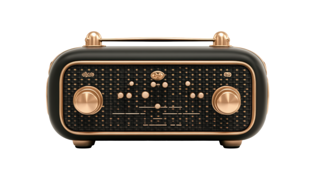 Vintage-style radio with gold accents, featuring retro controls and knobs, blending classic design with modern functionality for a nostalgic audio experience.
