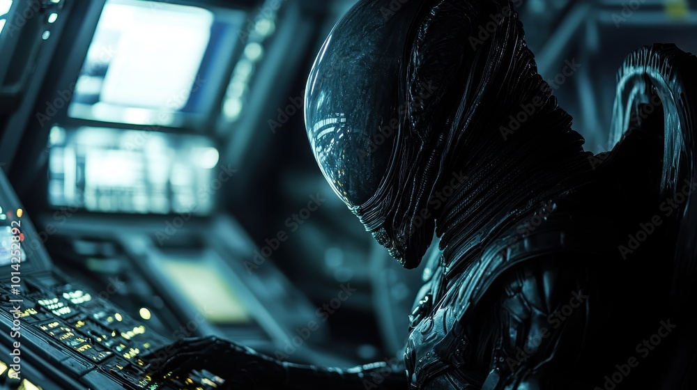 Poster an enigmatic extraterrestrial being quietly studies advanced controls inside a shadowy spacecraft, i