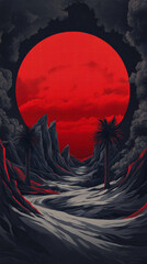 A red orb hangs high in the sky, casting an eerie glow over a desolate landscape.