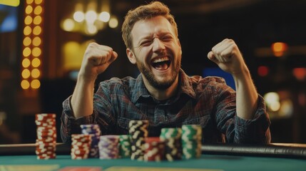 Excited man celebrating a big win at a casino poker table