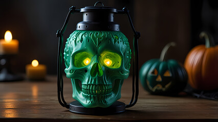 a glowing skull lantern as a centerpiece for Halloween decorations