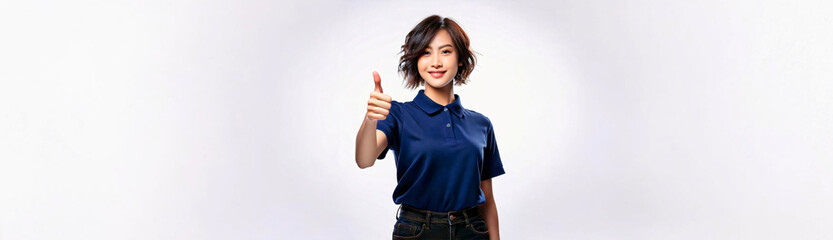 A smiling Asian woman in a navy blue polo shirt is giving a thumbs up against a white background.
