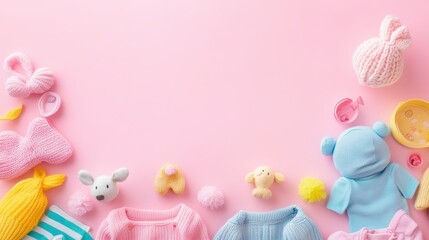 baby toys, clothes on pink background, copy space