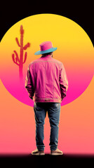 A man in a pink jacket and a blue hat stands in front of a bright, colorful sunset.
