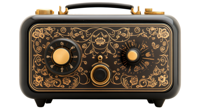 A vintage-style radio with ornate gold detailing, featuring large tuning dials and a handle on top, blending classic design with functional elegance.