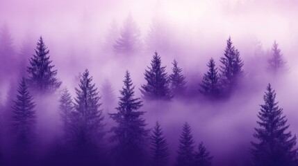 A purple misty forest landscape with fog rolling through the trees, creating an atmospheric and mysterious scene