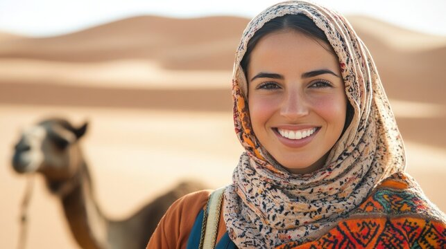 Close-up of a smiling tour guide in traditional Middle Eastern clothing, holding a camel halter in the foreground, desert dunes behind