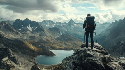 Hiker Admiring Mountain Lake View
