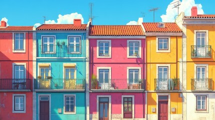 Obraz premium Generative AI illustration of view to street the facade of old houses in lisbon