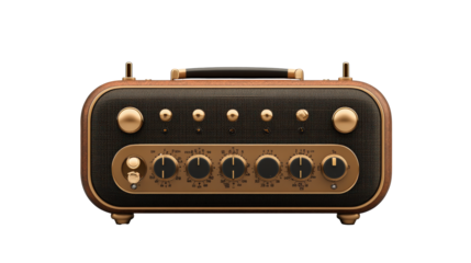 A vintage-style radio with gold knobs and switches, featuring a brown and black design, and a top handle for portability.