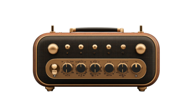 A vintage-style radio with gold knobs and switches, featuring a brown and black design, and a top handle for portability.