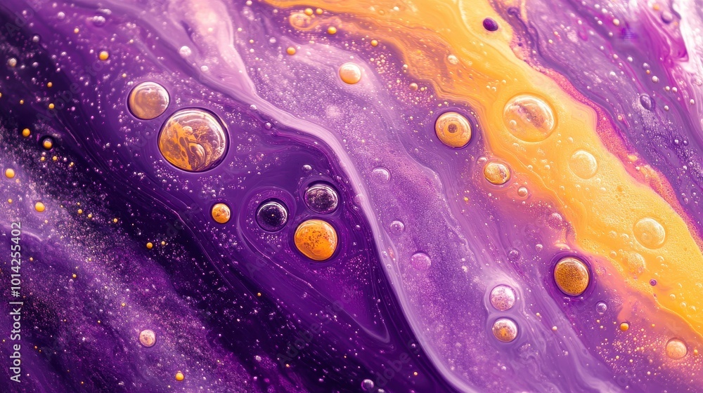 Poster purple and yellow soap bubbles in paint create an abstract design suitable for a colorful background