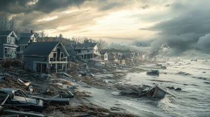 Environmental catastrophe: A hurricane-battered coastal town, with houses destroyed and emergency services providing aid