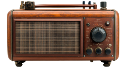 Vintage wooden radio with a large speaker grill, tuning knobs, and an analog frequency display, evoking a nostalgic feel of classic broadcasting days.