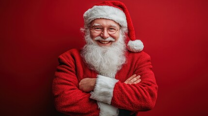 Photo of handsome good mood santa claus wear suit arms crossed enjoying xmas emtpy space isolated red color background