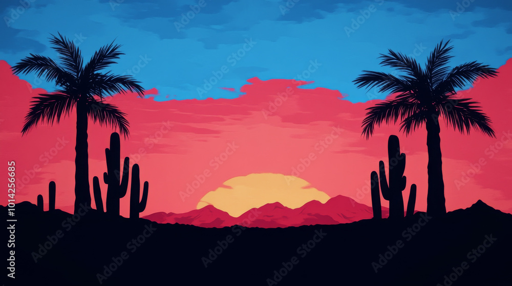 Wall mural Silhouettes of palm trees and cacti against a vibrant pink and blue sunset.