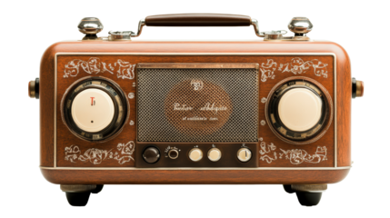 A vintage radio with ornate detailing, wooden casing, and large dials, showcasing classic design and nostalgic charm from the mid-20th century.
