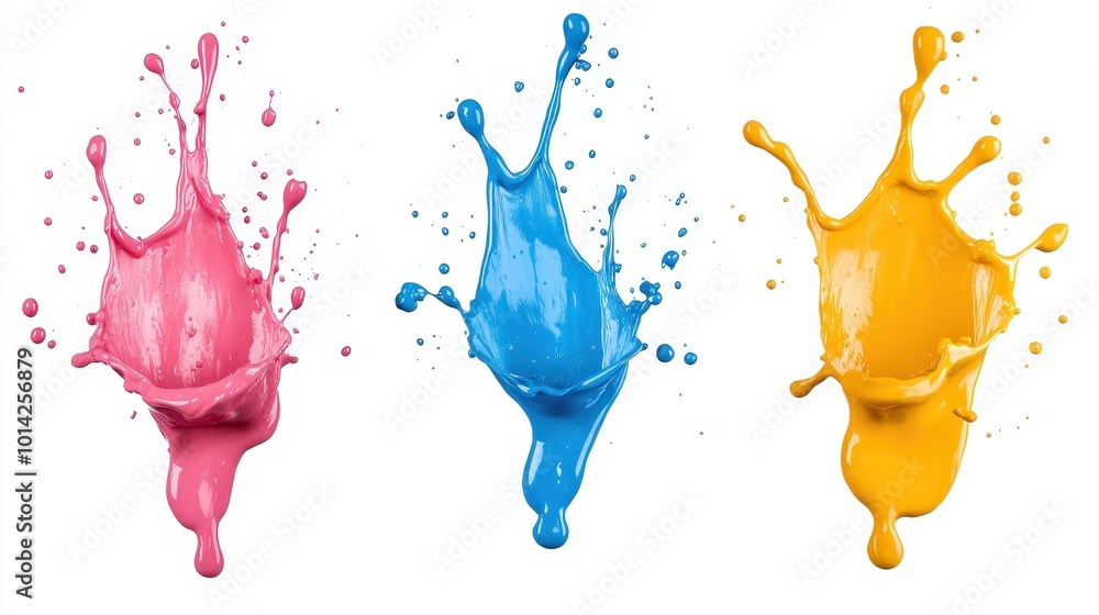 Poster splats splashes and blobs of brightly colored paint in different shapes drips isolated on white