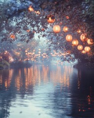 Fototapeta premium A serene riverbank decorated with Pompgli Festival lanterns, soft twilight light, and reflections in the wate