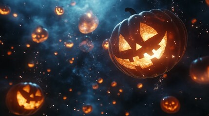 Fototapeta premium Jack-o'-lanterns float in a dark, magical sky.