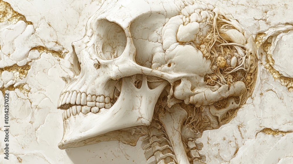 Poster an intricate anatomical illustration highlights the layered complexity of the human skeletal system,