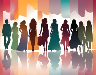 Vector horizontal banner place for text silhouettes of women in different colors background