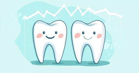 Two cartoon teeth with happy faces and a line graph behind them on a blue background.
