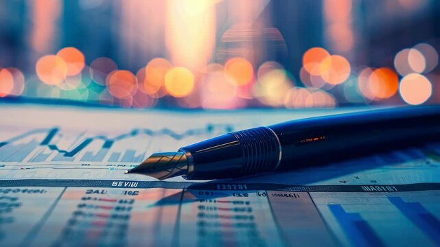 Fountain pen on business paper graph cart financial investment concept