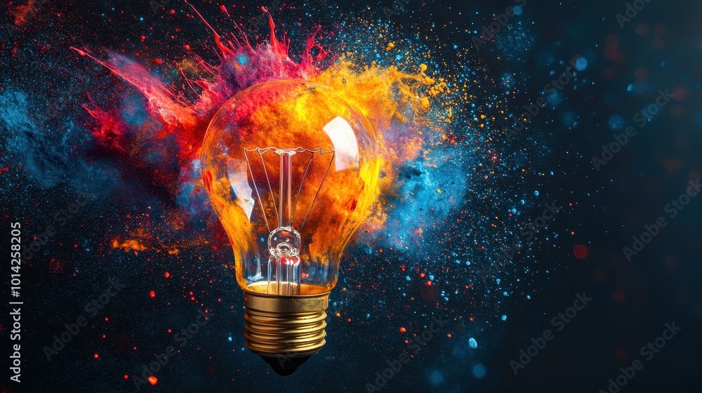 Poster creative light bulb explodes with colorful paint and splashes on a black background. think different