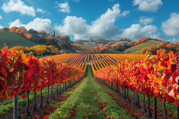 Fototapeta premium An autumn vineyard landscape showcasing a vibrant tapestry of red, orange, and green vine rows under a sunny sky with lush hills in the background