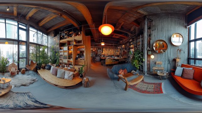 An immersive 360-degree equirectangular projection spherical panorama of a collaborative co-living space, with shared amenities, community-focused design, and