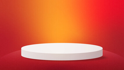 Red vibrant colour gradient background. Realistic white cylinder pedestal podium. Vector rendering geometric forms design. Minimal scene. shadow. Stage showcase, Mockup product display.