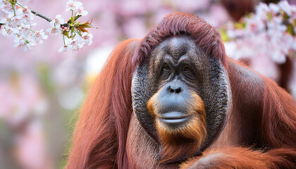 Fototapeta premium an orangutan in a spring park blooming with cherry blossoms